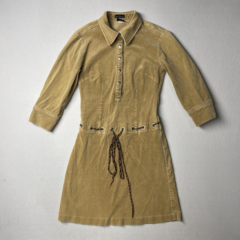 Moda International Shirt Dress Womens 4 Brown Corduroy Snap Lace Up Waist